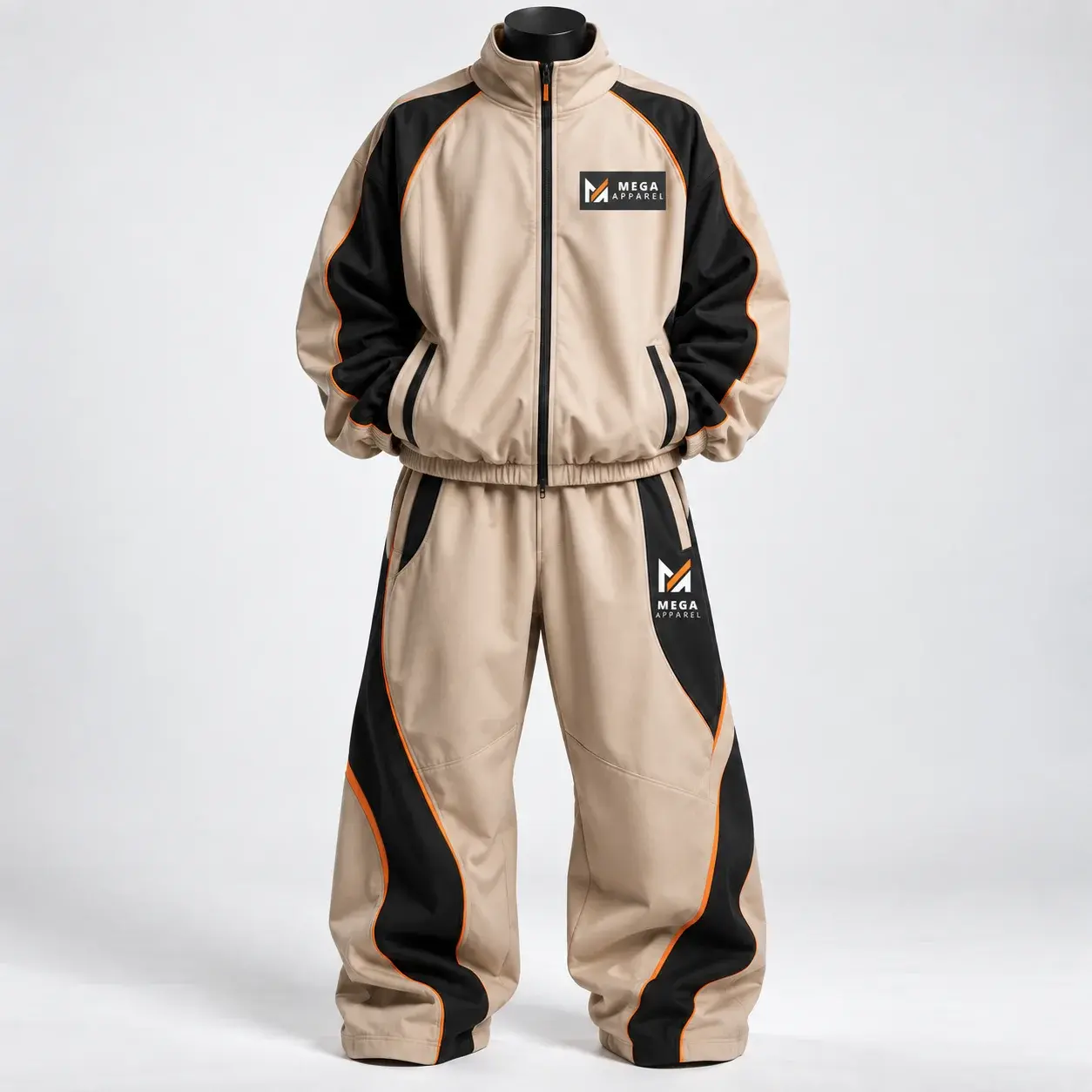Beige and black oversized streetwear tracksuit with orange piping, relaxed wide-leg pants, zip-up jacket, and Mega Apparel logos on the chest and pants.